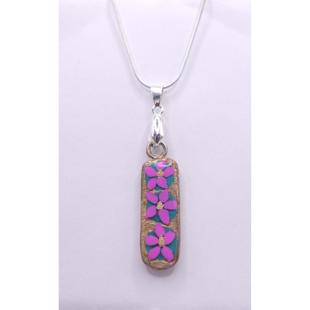 Pink Floral Polymer Clay Pendant Necklace Boho Garden Art Jewelry Cottagecore - Picture 2 of 9